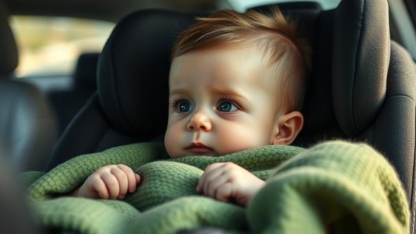Baby in car seat with green blanket in Michigan car.