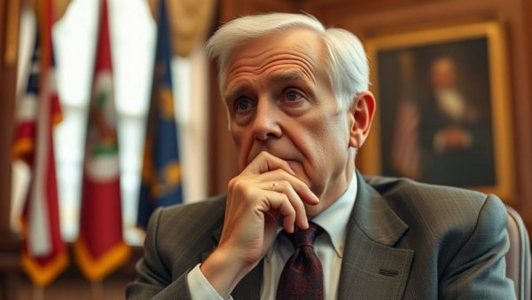 Older man pondering Michigan immigration enforcement policies in office.