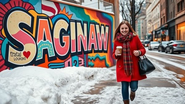 Vibrant mural in Saginaw, Michigan with person in red coat enjoying winter.