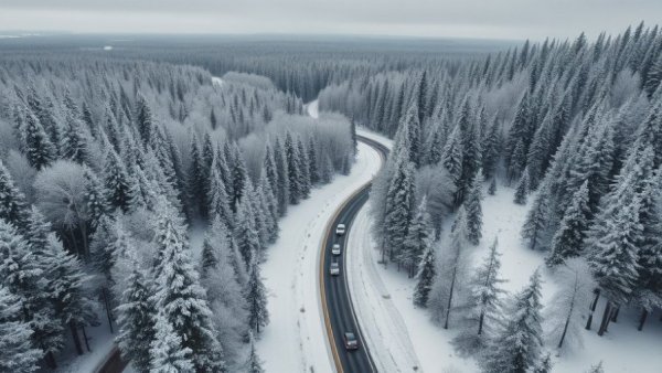 Winter drive through Michigan Upper Peninsula forest.