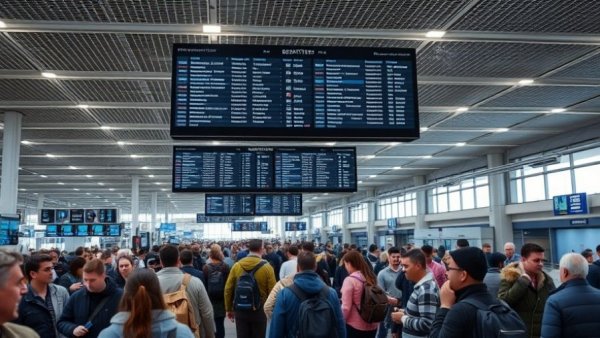 US airport terminal crowded with travelers and long queues amid winter storm chaos.