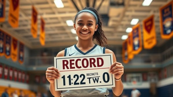 Young basketball player with a record banner in a gym, Michigan high school basketball history.