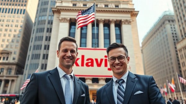 Businessmen at NYSE with prominent klaviyo banner, symbolizing success.