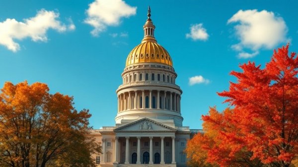West Virginia golden-domed capitol building in autumn foliage.