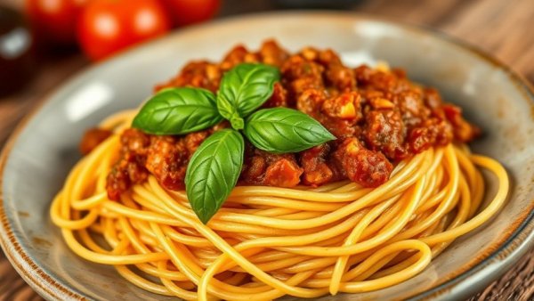 Spaghetti bolognese with basil from a Michigan restaurant.