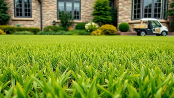Lawn care Shelby MI: vibrant green lawn with a stone house backdrop.