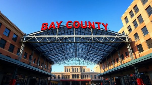Bay County Market structure under clear blue sky, Bay City, MI.