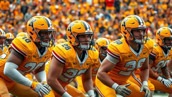College football players in vibrant uniforms prepare for play in crowded stadium.