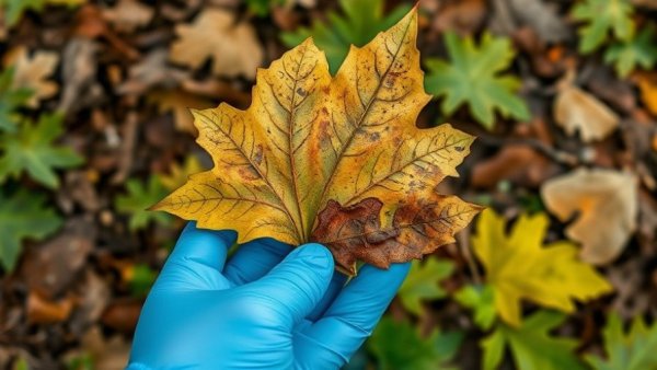 Gloved hands examining Beech Leaf Disease in Pennsylvania.
