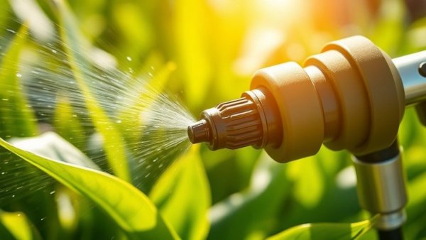 Garden sprayer applying bioherbicides on plants with visible mist in a natural setting.