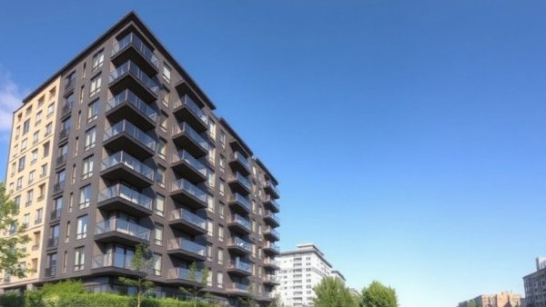 Modern multifamily housing building in urban setting with sky
