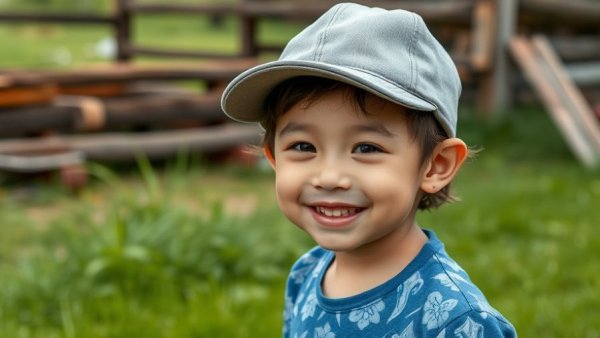 Smiling child outdoors in a blue shirt and gray cap with grass.