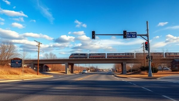 Michigan transportation scene with train crossing an overpass at an intersection.