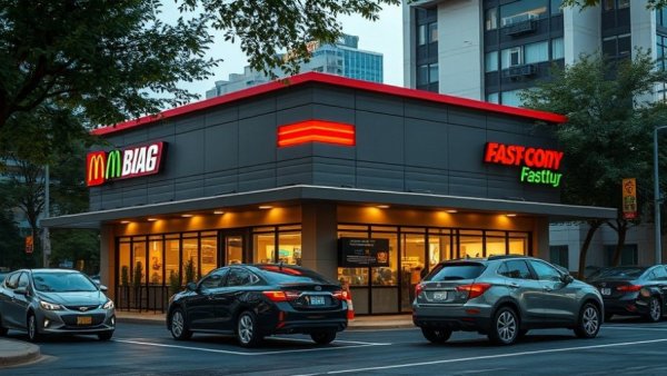 Modern fast-food restaurant with drive-thru, evening light, customer experience optimization.