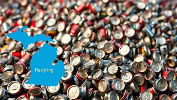 Michigan Bottle Deposit Law concept with crushed cans and Michigan map.