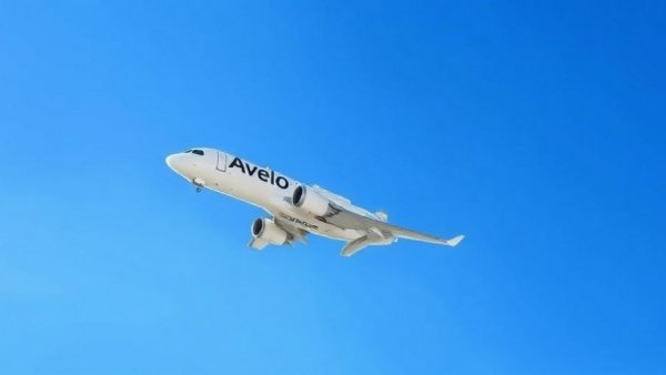 Avelo Airlines jet in flight against a clear blue sky.