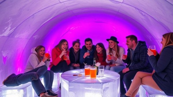 Visitors enjoying drinks in an ice bar, showcasing Michigan's winter tourism economy.