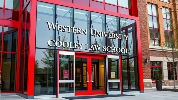Western Michigan University Cooley Law School entrance, highlighting history.