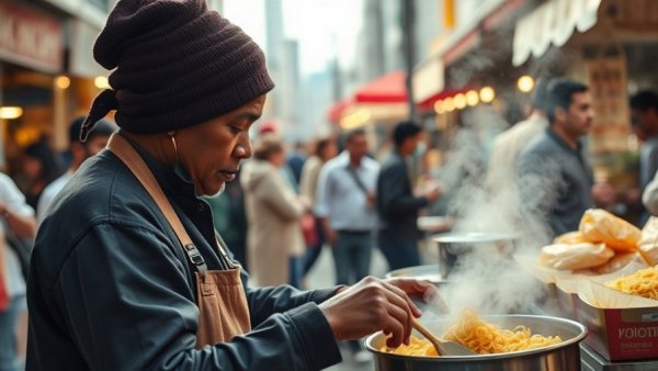 Vendor cooking at Noodle Fest in Grand Rapids, winter scene.