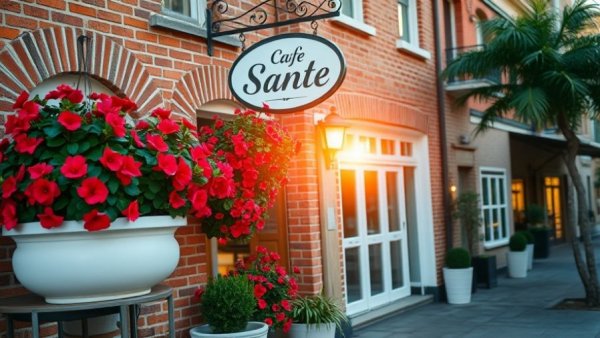 Charming cafe facade with flowers, best restaurants in Holland Michigan ambiance.