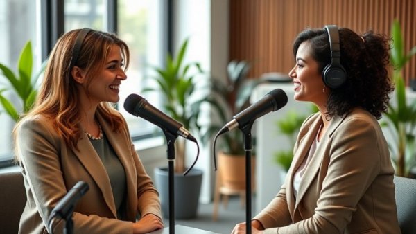 Two women having a podcast discussion in a modern office setting, addressing how to avoid bad hires in early-stage startups.