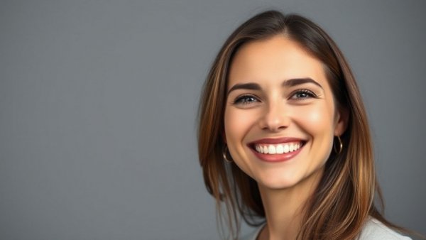 Portrait of a smiling woman, cheerful expression.