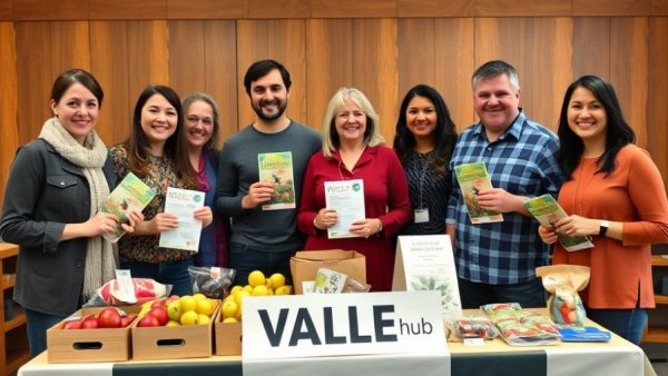 Michigan food hub program event with people and local produce display.