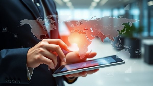 Digital world map overlay on tablet in tech environment, automotive network planning.