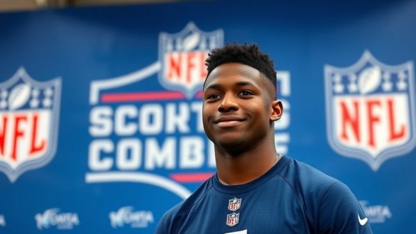 Young athlete at NFL scouting combine with NFL backdrop.