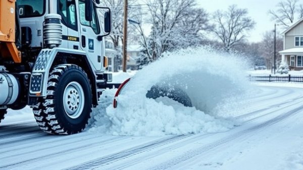 Large vehicle performing snow removal on a residential road in Muskegon