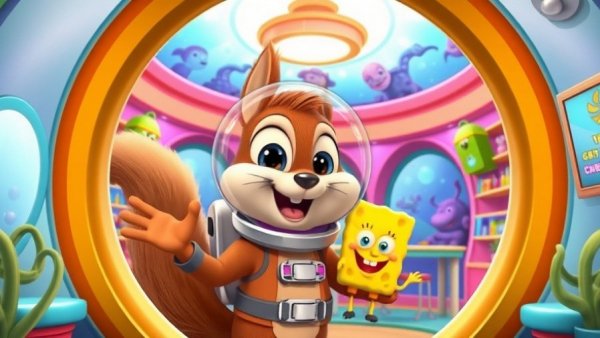 Colorful animated scene with squirrel and sponge character.