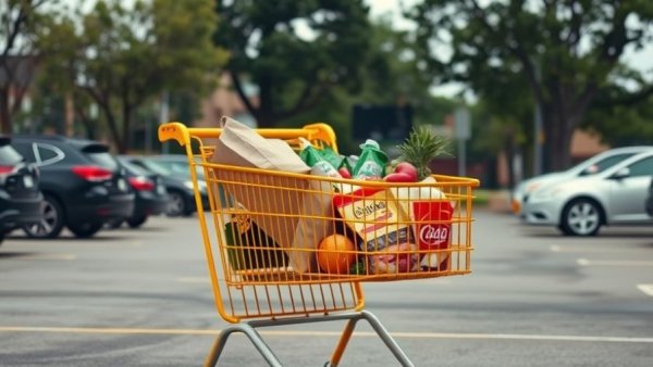 Yellow grocery cart full of items in a Jackson MI parking lot.
