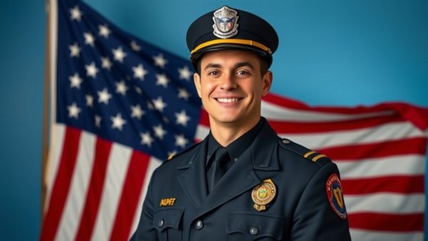 Portage firefighter in uniform with American flag background.
