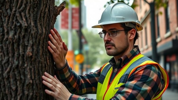 Urban forestry worker inspects tree in city street, illustrating impacts of warm winter conditions on Victoria’s trees.