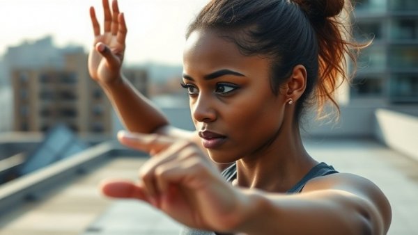Young woman in injury rehabilitation, focused outdoor training for martial arts.