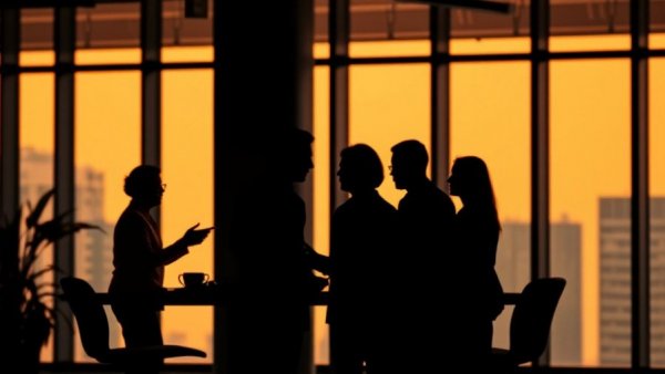 Silhouetted business meeting in modern office for risk management.