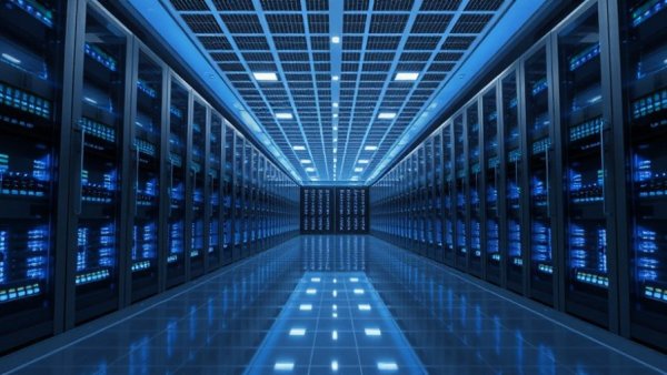 Modern data center with server racks and blue lights