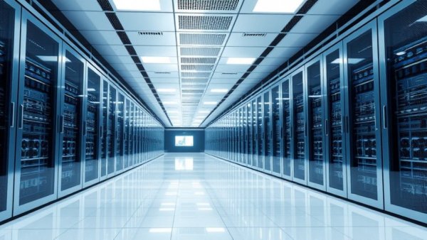 Modern data center corridor with sleek server rows reflecting moratorium in Michigan.