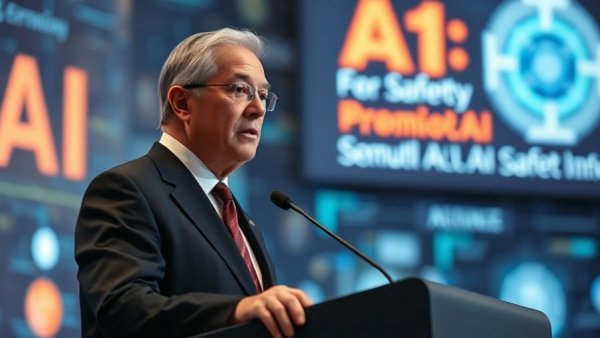 Person speaks about AI Pentagon Ban with AI text backdrop