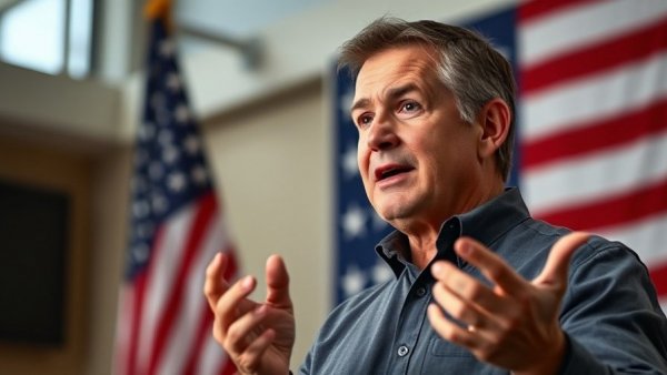 Confident man giving a speech with patriotic backdrop