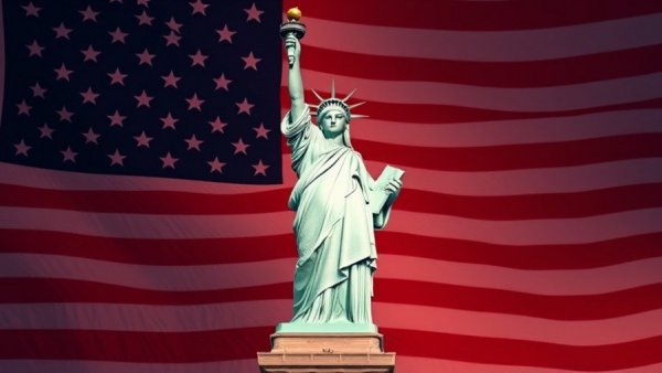 Statue of Liberty in front of American flag, symbol of national pride.
