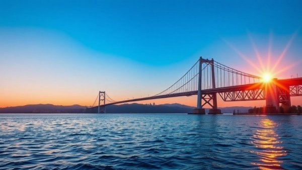 Iconic Michigan bridge at sunrise over blue waters, a must-see for Michigan tourism.