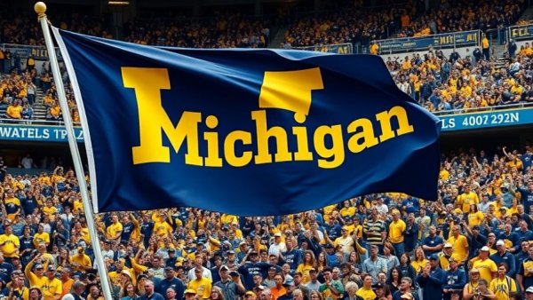 Blue and yellow University of Michigan flag with energetic crowd.