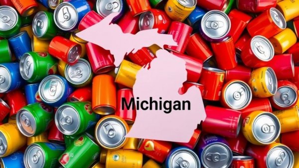 Michigan Bottle Law Repeal symbolized by crushed soda cans and state map.