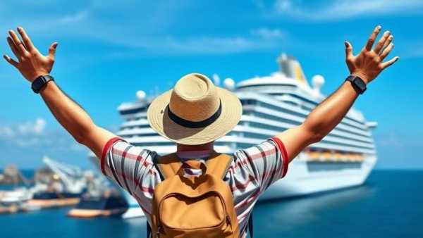 Traveler celebrates Michigan cruise travel industry in harbor.