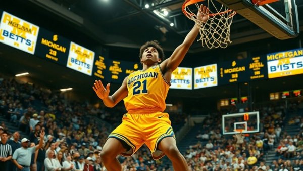 Intense basketball game with Michigan team player in action.