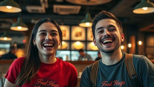 Restaurant sightings in Michigan: Enthusiastic individuals with 'Food Hugs' shirts.