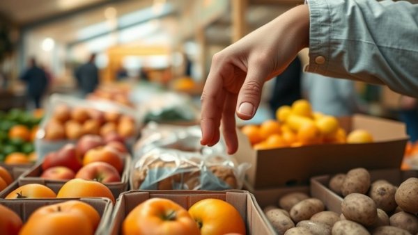 Close-up of a hand reaching for packaged produce at a food distribution in Michigan.