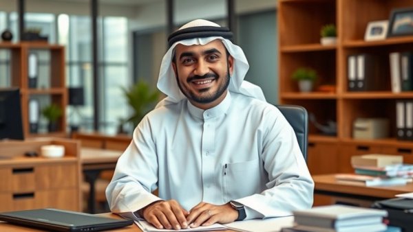 Confident Saudi leader at office desk, highlighting leadership in Saudi Arabia