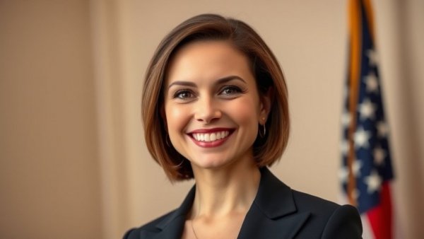 Professional woman with American flag backdrop for Secretary of the Army Award.